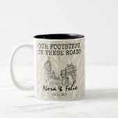 Madrid skyline couple — beige leaf background zweifarbige tasse (Links)