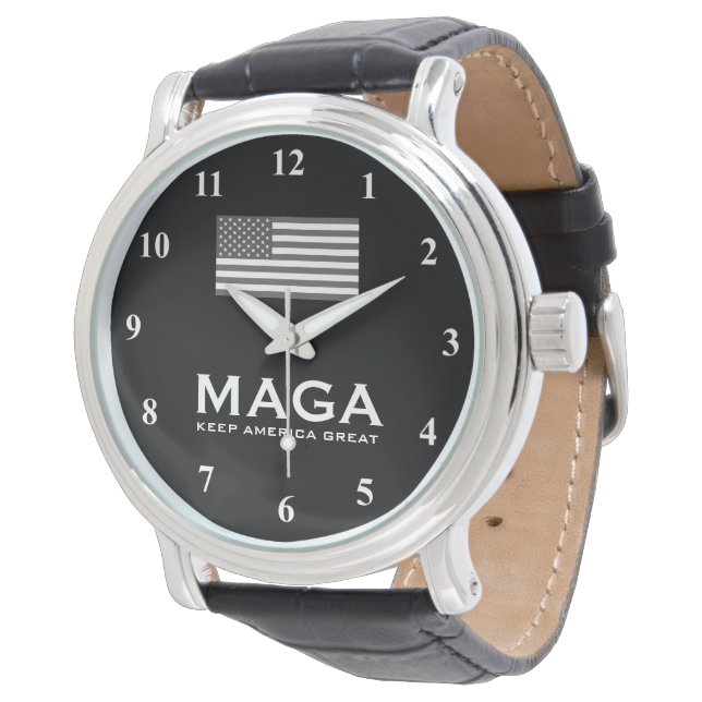 MAGA Trump-Uhr mit US-Flagge und schwarzer Wählsch Armbanduhr (Schrägansicht)