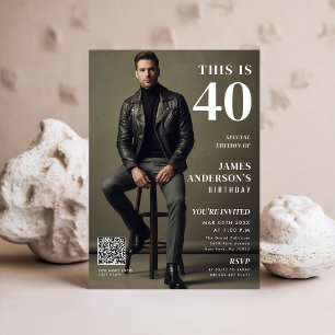 Magazin-Cover-Foto Männer 40. Geburtstag QR-Code Einladung