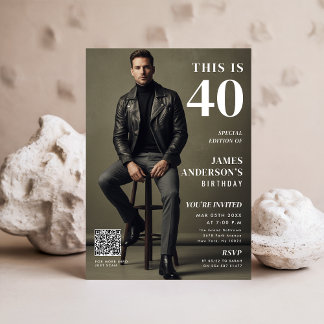 Magazin-Cover-Foto Männer 40. Geburtstag QR-Code Einladung