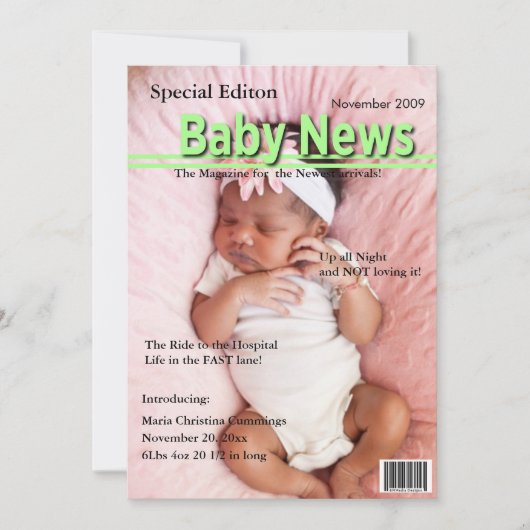 Magazine Cover Birth Announcement (Green) Ankündigung (Vorderseite)