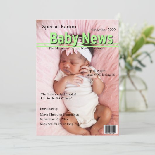 Magazine Cover Birth Announcement (Green) Ankündigung (Stehend Vorderseite)