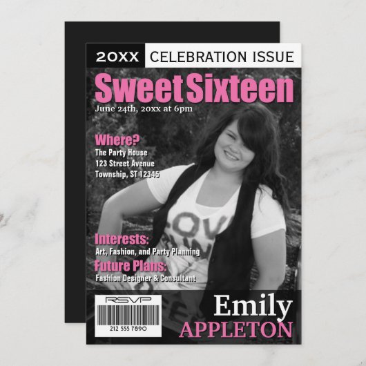Magazine Cover Fuchsia 16 . Geburtstag Einladungen (Vorne/Hinten)