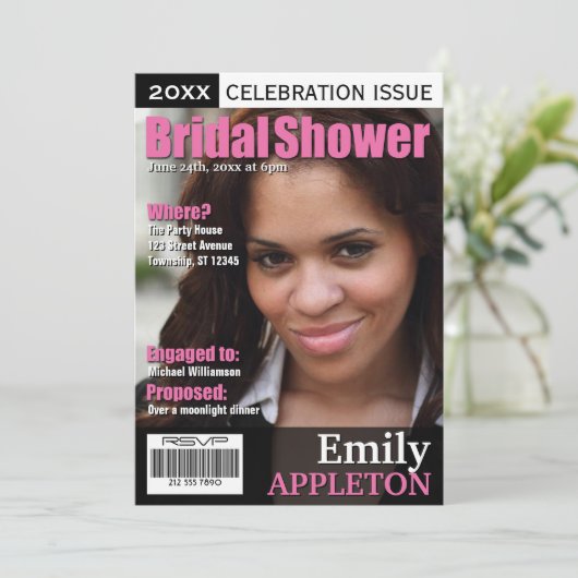 Magazine Cover Fuchsia Bridal Dusche Einladungen (Stehend Vorderseite)