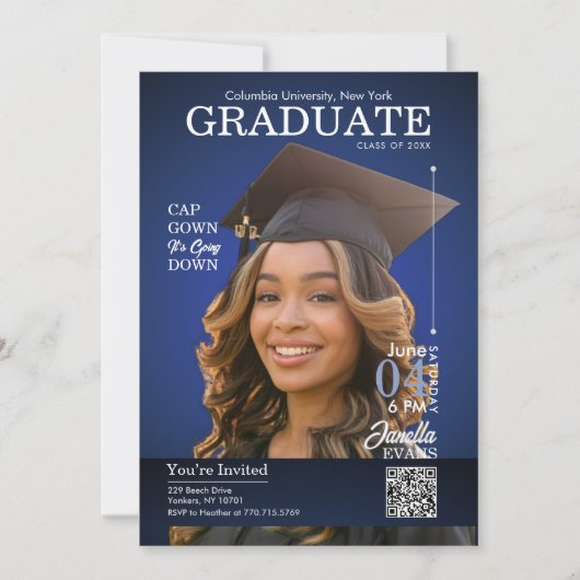 Magazine Cover Graduation Cap Down Blue Einladung (Vorderseite)