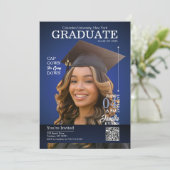 Magazine Cover Graduation Cap Down Blue Einladung (Stehend Vorderseite)
