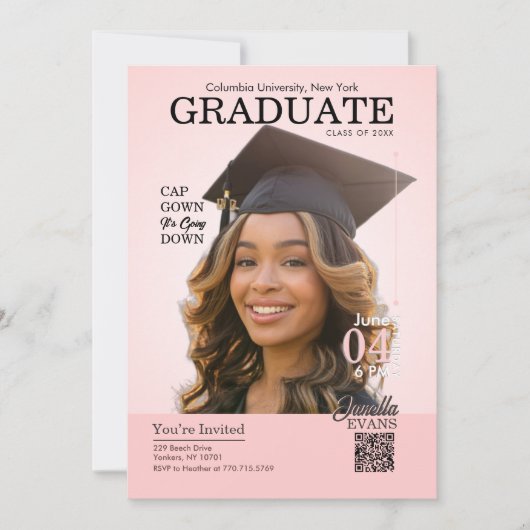 Magazine Cover Graduation Cap Gown Pink Einladung (Vorderseite)
