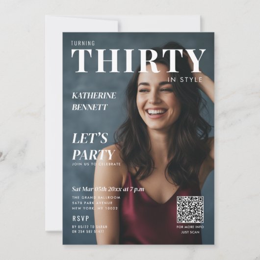 Magazine Cover Photo 30th Birthday Party QR Code Einladung (Vorderseite)