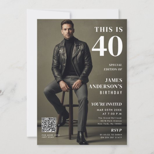 Magazine Cover Photo Mens 40th Birthday QR Code Einladung (Vorderseite)