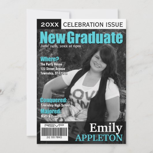 Magazine Cover Turquoise Graduation Einladungen (Vorderseite)
