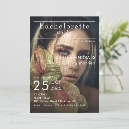 Magazine Editorial Newspaper Foto Bachelorette Einladung (Stehend Vorderseite)