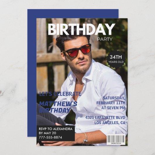 Magazine Navy Blue Foto Funny 34. Geburtstag Einladung (Vorne/Hinten)