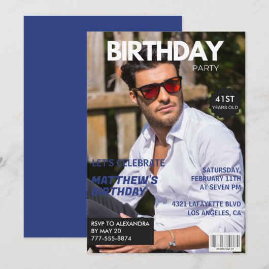 Magazine Navy Blue Foto Funny 41. Geburtstag Einladung (Vorne/Hinten)