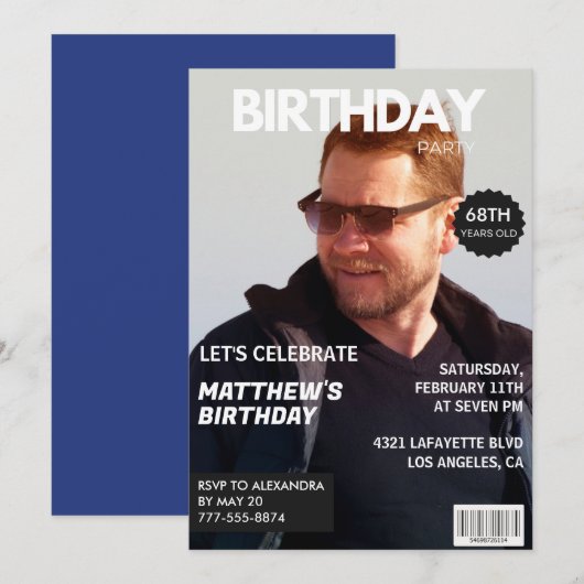 Magazine Navy Blue Foto Funny 68. Geburtstag Einladung (Vorne/Hinten)