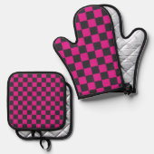 Magenta and smoke checkerboard pattern ofenhandschuh & Topflappen-Set (Vorderseite/Rückseite)