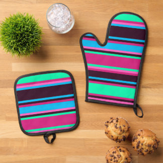 Magenta, Aqua & Blue Streifen Oven Mitt Set