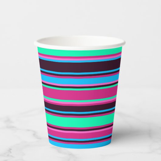 Magenta, Aqua & Blue Strip Paper Cup Pappbecher (Vorderseite)