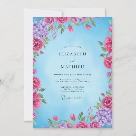 Magenta Azure Bloom Hochzeit Einladung (Vorderseite)