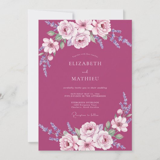 Magenta bemalte Hochzeit mit Blättern Einladung (Vorderseite)