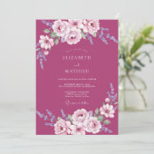 Magenta bemalte Hochzeit mit Blättern Einladung (Stehend Vorderseite)