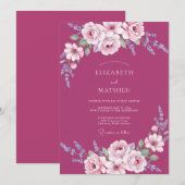 Magenta bemalte Hochzeit mit Blättern Einladung (Vorne/Hinten)