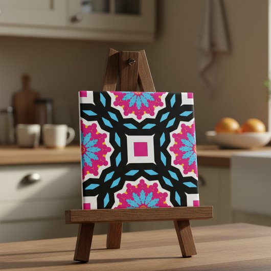 Magenta Black Blue White Mosaic Geometric Pattern Fliese