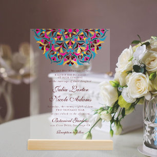 Magenta Blau Whimsical Floral Mandala Hochzeit Acryleinladungen
