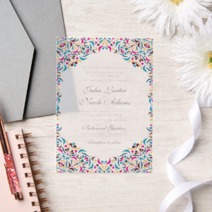 Magenta Blau Whimsical Florales Mandala-Hochzeit Pergament Einladungen