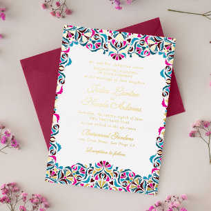 Magenta Blaue Whimsical Floral Mandala Hochzeit Folieneinladung