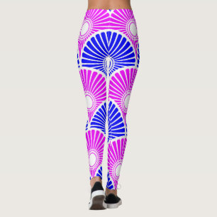 Magenta Blue Chinese Semi Circle Wave Muster Leggings