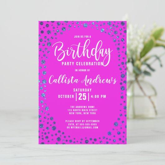 Magenta Blue Glitzer Confetti Border Birthday Einladung (Stehend Vorderseite)