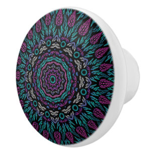 Magenta Blue Teal Gothic Stained Glass Mandala Keramikknauf