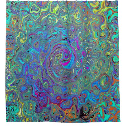 Magenta, Blue und Sea Foam Green Retro Swirl Duschvorhang (Vorderseite)