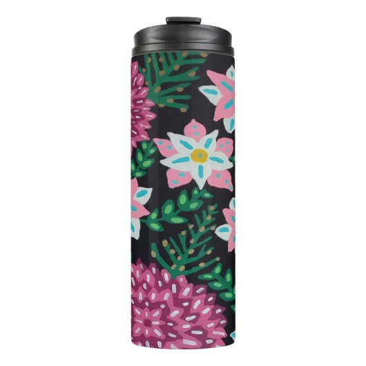 Magenta-Blume auf schwarz Thermosbecher (Vorderseite)