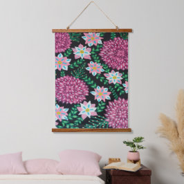 Magenta-Blume auf schwarz Wandteppich Mit Holzrahmen