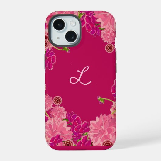 Magenta Blumeninitiale iPhone 15 Hülle (Rückseite)