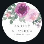 Magenta Blush Watercolor Floral Wedding Runder Aufkleber<br><div class="desc">Watercolor floral elements designed in beautiful colors, set over a white canvas. The design is finished with elegant modern script calligraphy... highlighting the bride and groom's names and wedding date. If you would like assistance with customizing, please reach out to me via message here on Zazzle or email me at...</div>