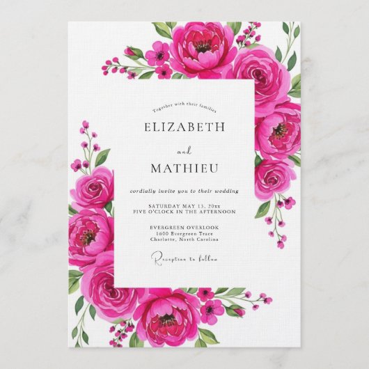 Magenta-Blüten-Hochzeit Einladung (Vorderseite)