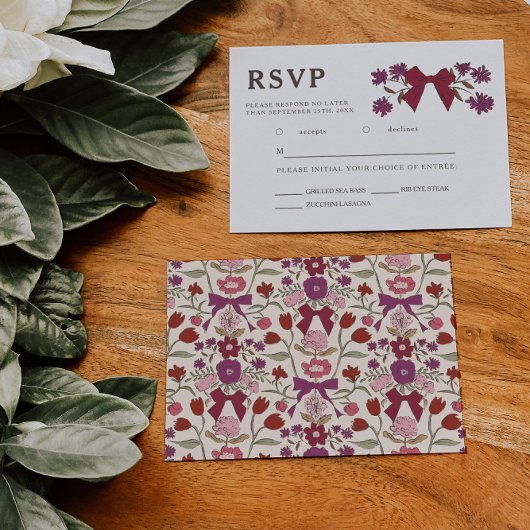 Magenta Bow Floral Wedding RSVP Meal Choice Karte