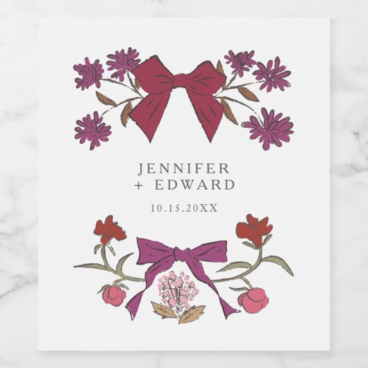 Magenta Bows & Blossoms Hochzeit Weinetikett (Einzelnes Label)