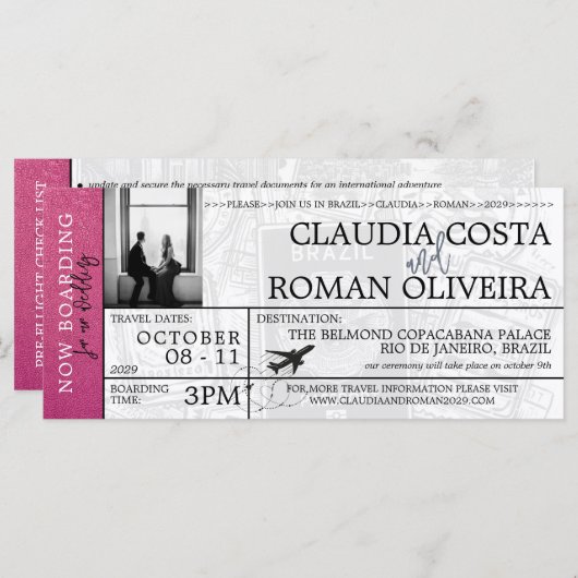 Magenta Brazil Wedding Boarding Pass Einladung (Vorne/Hinten)