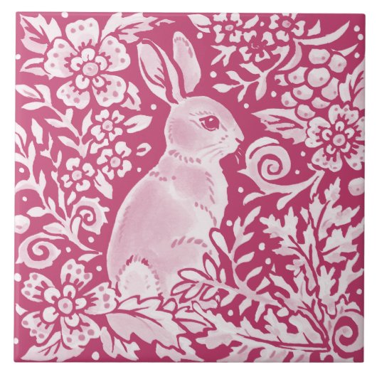 Magenta Bunny Rabbit Woodland Tierart Flora Fliese (Vorderseite)