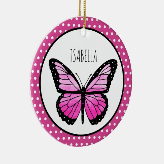 Magenta Butterfly Polka Dot Personalisiert Keramik Ornament (Rechts)
