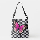 Magenta Butterfly Schachbrett Cross Body Toag Tragetaschen Mit Langen Trägern (Rückseite)