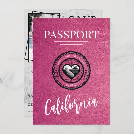 Magenta California Passport Save the Date (Vorne/Hinten)