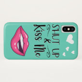 Magenta Cartoon lips Shut up & kiss me aquamarine Case-Mate iPhone Hülle (Rückseite (Horizontal))