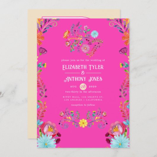 Magenta & Champagne Floral Mexican Fiesta Wedding Einladung (Vorne/Hinten)
