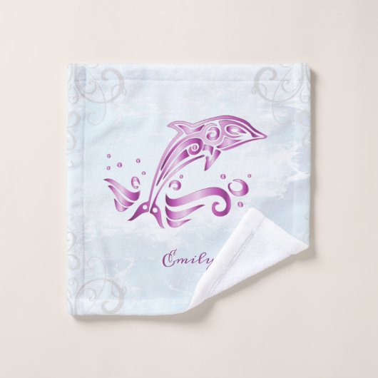Magenta Dolphin Personalisiert Badhandtuch Set (Waschlappen)