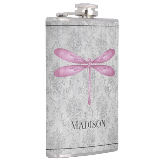 Magenta Dragonfly Damask Flask Flachmann (Rechts)