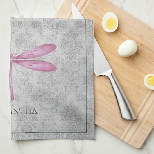 Magenta Dragonfly Damask Geschirrtuch (Viertel Falte)